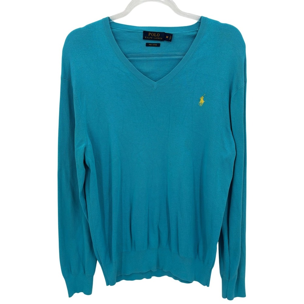 Polo Ralph Lauren Sweater Mens Medium Blue V-Neck Pima Cotton Preppy Old Money